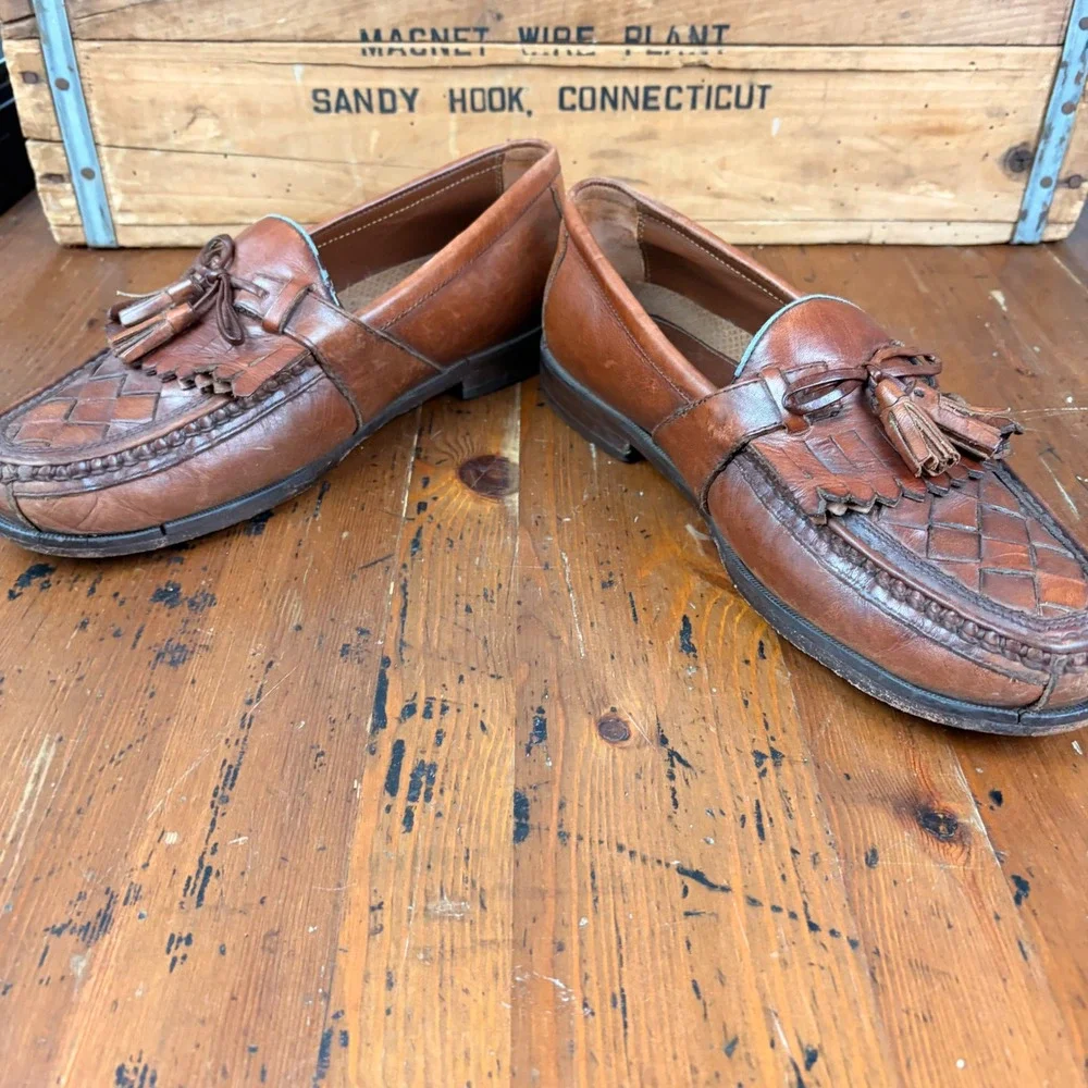 Vintage Brown Leather Woven Kiltie Tassel‎ Loafer Mens 9M Slip On Cognac Brown